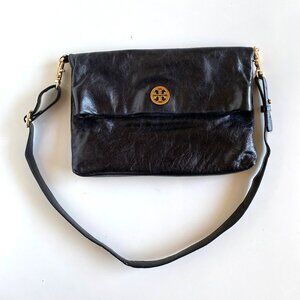 Tory Burch Dena Fold Over Black Leather Crossbody Bag